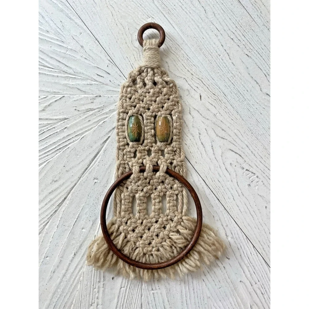 Vintage Retro MCM Beige Macrame Wall Hanging Hand Towel Ring Holder Wooden Beads